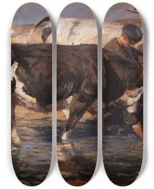Triptych art skateboard deck of Heinrich Von Zgel Treiber Mit Zwei Rindern An Der Furt by Heinrich Von Zugel (1850-1941)