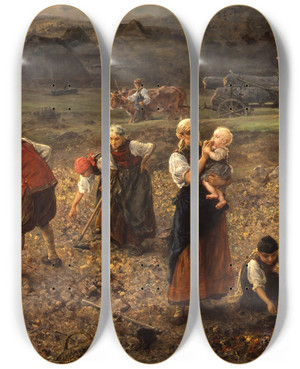 Triptych art skateboard deck of Ludwig Knaus Potato Harvest by Ludwig Knaus (1829-1921)