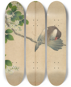 Triptych art skateboard deck of Zhang Ruoai Preening Bird by Zhang Ruoai (1713-1746)