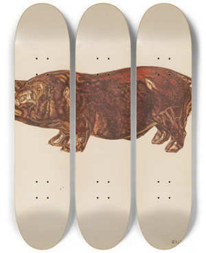 Triptych art skateboard deck of Eugene W Davis Pottery Pig Bottle by Eugene W Davis