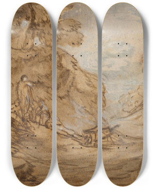 Triptych art skateboard deck of Thomas Gainsborough Landscape With Group Of Figures Resting On A Hillside by Thomas Gainsborough (1727-1788)