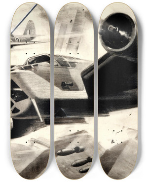Triptych art skateboard deck of Reginald Mount  Wing Commander H I Edwards Raf Aircraft In Bombing Raid by Reginald Mount (1906-1979)