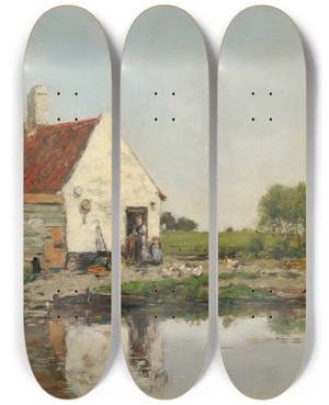 Triptych art skateboard deck of Eugne Boudin Un Coin De Ferme Aux Environs De Dunkerque by Eugene Boudin (1824-1898)