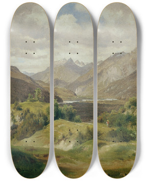 Triptych art skateboard deck of Ludwig Halauska Tal Mit Gebirge by Ludwig Halauska (1827-1882)