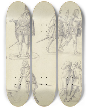 Triptych art skateboard deck of Johann Ludwig Ernst Morgenstern Ten Figure Studies by Johann Ludwig Ernst Morgenstern (1738-1819)