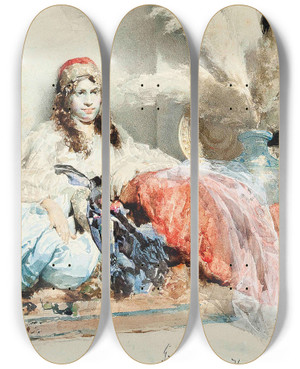 Triptych art skateboard deck of Gustavo Simoni The Favourite_1 by Gustavo Simoni (1845-1926)