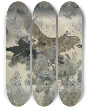 Triptych art skateboard deck of Bruno Liljefors Hawk And Blackgame by Bruno Liljefors (1860-1939)