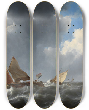 Triptych art skateboard deck of Johannes Christiaan Schotel Turbulent Water by Johannes Christiaan Schotel (1787-1838)