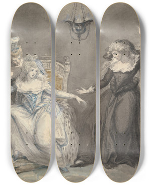 Triptych art skateboard deck of William Hamilton A Dramatic Scene With Three Women In An Interior by William Hamilton (1751-1801)