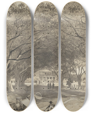 Triptych art skateboard deck of Michel Jean Cazabon Avenue And Entrance To St James Barracks by Michel Jean Cazabon (1813-1888)