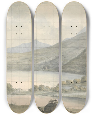 Triptych art skateboard deck of Isaac Weld Turk Lake Looking Across The River And Brikeen Island Ireland by Isaac Weld (1774-1856)