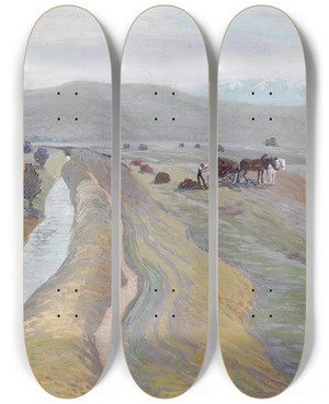 Triptych art skateboard deck of Max Kahrer Auf Dem Feld by Max Kahrer (1878-1937)