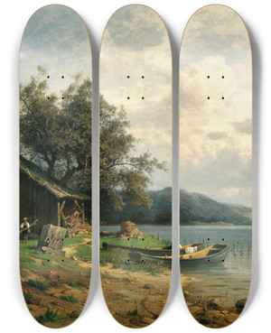 Triptych art skateboard deck of Josef Willroider A Scene On A Lake by Josef Willroider (1838-1915)