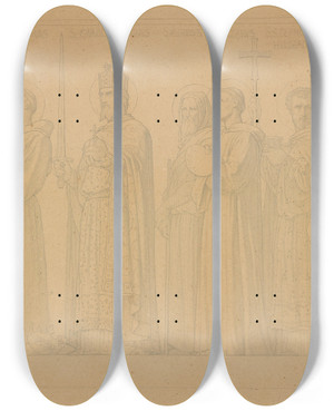 Triptych art skateboard deck of Hippolyte Flandrin Study Of Seven Saints For The Nave Of The Church Of Saintvincentdepaul Paris by Hippolyte Flandrin