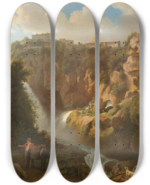 Triptych art skateboard deck of Abraham Teerlink The Waterfall At Tivoli by Abraham Teerlink (1776-1857)