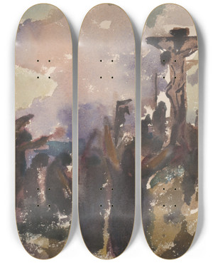Triptych art skateboard deck of Zolo Palugyay Golgota by Zolo Palugyay (1898-1935)