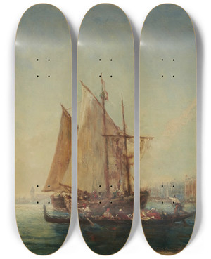 Triptych art skateboard deck of Flix Ziem Topopcheur Et Gondoles Dans Le Bassin by Felix Ziem (1821-1911)