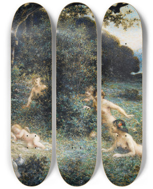 Triptych art skateboard deck of Henri Camille Danger Cupid Asleep by Henri Camille Danger (1857-1937)