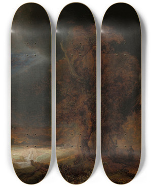 Triptych art skateboard deck of Rembrandt Van Rijn Landscape With The Parable Of The Good Samaritan by Rembrandt Van Rijn (1606-1669)