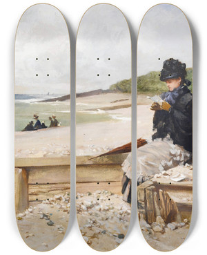 Triptych art skateboard deck of Ferdinand Heilbuth Woman Reading At The Seashore by Ferdinand Heilbuth (1826-1889)