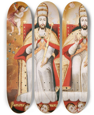 Triptych art skateboard deck of Cusco School The Enthroned Trinity As Three Identical Figures by Cusco School