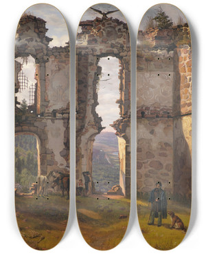 Triptych art skateboard deck of Frederik Sdring The Ruins Of Brahehus Near Jnkping Sweden by Frederik Sodring (1809-1862)
