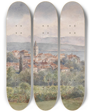 Triptych art skateboard deck of Gustav Barbarini Blick Auf Lovran by Gustav Barbarini (1840-1909)