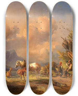 Triptych art skateboard deck of Edmund Mahlknecht A Peasant Resting With Grazing Animals And A Foal_2 by Edmund Mahlknecht (1820-1903)