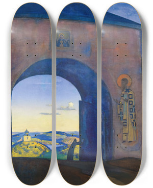 Triptych art skateboard deck of Nicholas Roerich And We Are Opening The Gates by Nicholas Roerich (1874-1947)