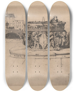 Triptych art skateboard deck of David Young Cameron A Venetian Fountain by David Young Cameron (1865-1945)