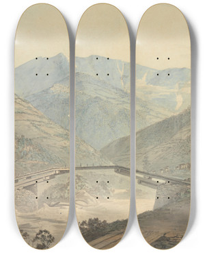 Triptych art skateboard deck of Samuel Davis View Near Tassisudon Tashicho Dzong In Bhutan by Samuel Davis (1757-1819)