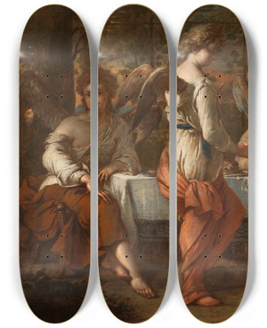 Triptych art skateboard deck of Johannes Voorhout Abraham And The Angel by Johannes Voorhout (1647-1723)