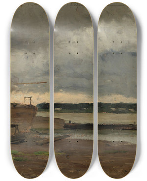 Triptych art skateboard deck of Gerhard Munthe View Of The Rhine Near Dsseldorf by Gerhard Munthe (1849-1929)