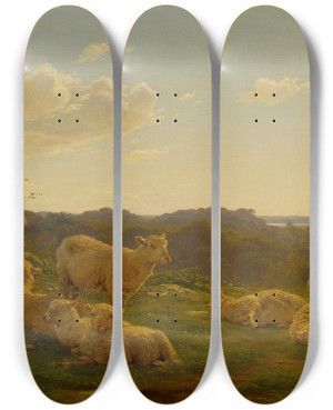 Triptych art skateboard deck of Carlo Dalgas Sheep On A Hill Near Skarrids by Carlo Dalgas (1821-1851)