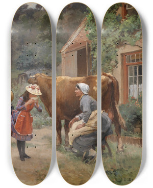 Triptych art skateboard deck of Emilecharles Dameron A Visit To A Farmyard by Emile-Charles Dameron (1848-1908)