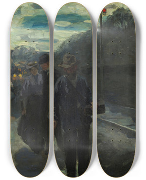 Triptych art skateboard deck of Hermann Pleuer Vorstadtbahnhof Im Mondschein by Hermann Pleuer (1863-1911)