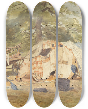 Triptych art skateboard deck of Octavius Oakley A Gypsy Encampment by Octavius Oakley