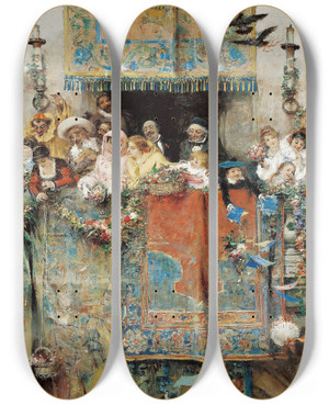 Triptych art skateboard deck of Jos Benlliure Y Gil The Carnival In Rome by Jose Benlliure Gil (1855-1937)