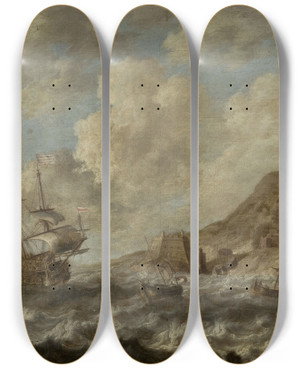 Triptych art skateboard deck of Bonaventura Peeters The Elder Ships In A Port by Bonaventura Peeters The Elder (1614-1652)