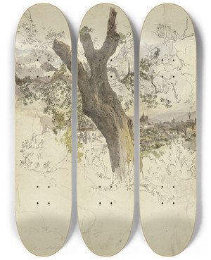Triptych art skateboard deck of Johann Nepomuk Rauch Ansicht Von Florenz Vom Monte Oliveto by Johann Nepomuk Rauch (1804-1847)