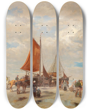 Triptych art skateboard deck of Dsir Thomassin Fishermen On The Beach by Desire Thomassin (1858-1933)