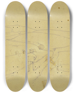 Triptych art skateboard deck of Hans Thoma Wanderer Mit Gitarre Junitag by Hans Thoma (1839-1924)