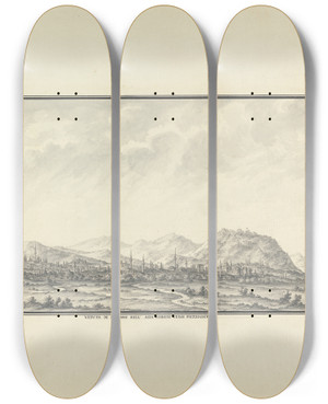 Triptych art skateboard deck of Giovanni Battista Borra View Of The Modern City Of Pergamon by Giovanni Battista Borra (1713-1770)