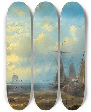 Triptych art skateboard deck of Abraham Hulk Fishing Boats By The Coast by Abraham Hulk (1813-1897)