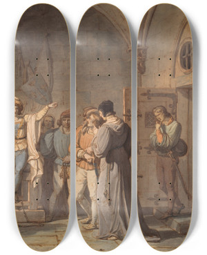 Triptych art skateboard deck of Pierre Henri Revoil Joan Of Arc Imprisoned In Rouen by Pierre Henri Revoil (1776-1842)