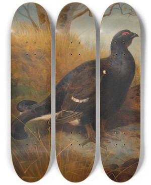 Triptych art skateboard deck of Archibald Thorburn Blackgame On A Rocky Outcrop With A Loch Beyond by Archibald Thorburn (1860-1935)
