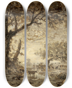 Triptych art skateboard deck of Thodore Rousseau Sunset From The Forest Of Fontainebleau by Theodore Rousseau (1812-1867) Triptych art skateboard deck of Thodore Rousseau Sunset From The Forest Of Fontainebleau by Theodore Rousseau (1812-1867)