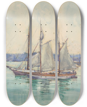 Triptych art skateboard deck of Alfred Walsh Harbour by Alfred Walsh (1859-1916)