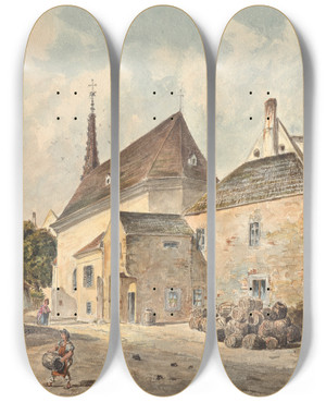 Triptych art skateboard deck of Emil Htter Die Kirche Zu St Marx In Wien by Emil Hutter (1835-1886)