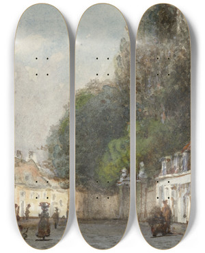 Triptych art skateboard deck of Carel Jacobus Behr Stadsgezicht by Carel Jacobus Behr (1812-1895)